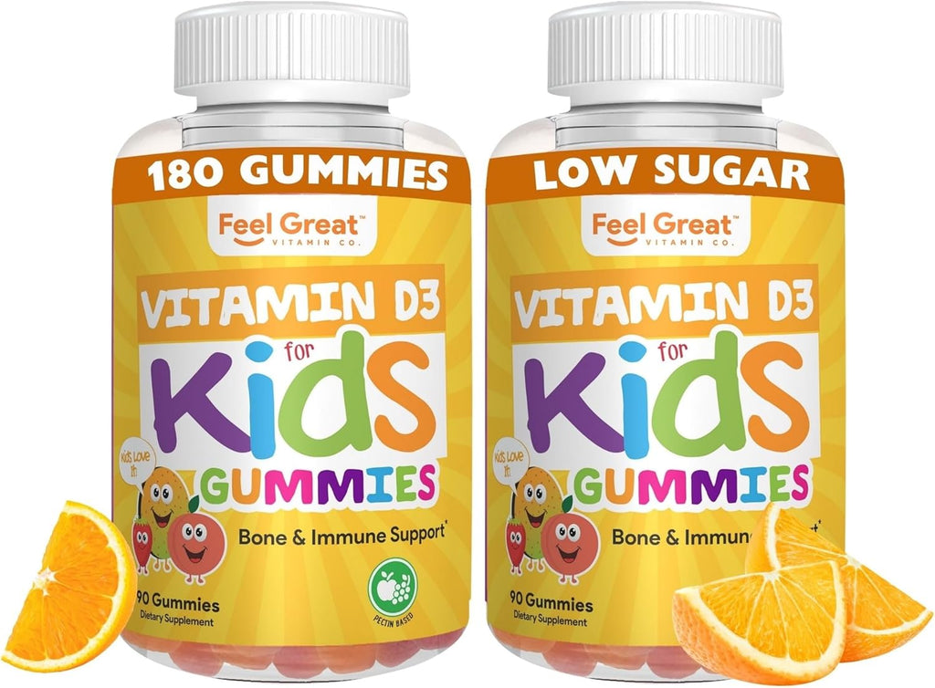 Feel Great Kids Vitamin D3 1000 IU Gummies (2-Pack) | Kids Vitamin D Gummies for Healthy Bones, Mood, & Immune Support | Citrus Flavored Vegetarian D3 Gummies