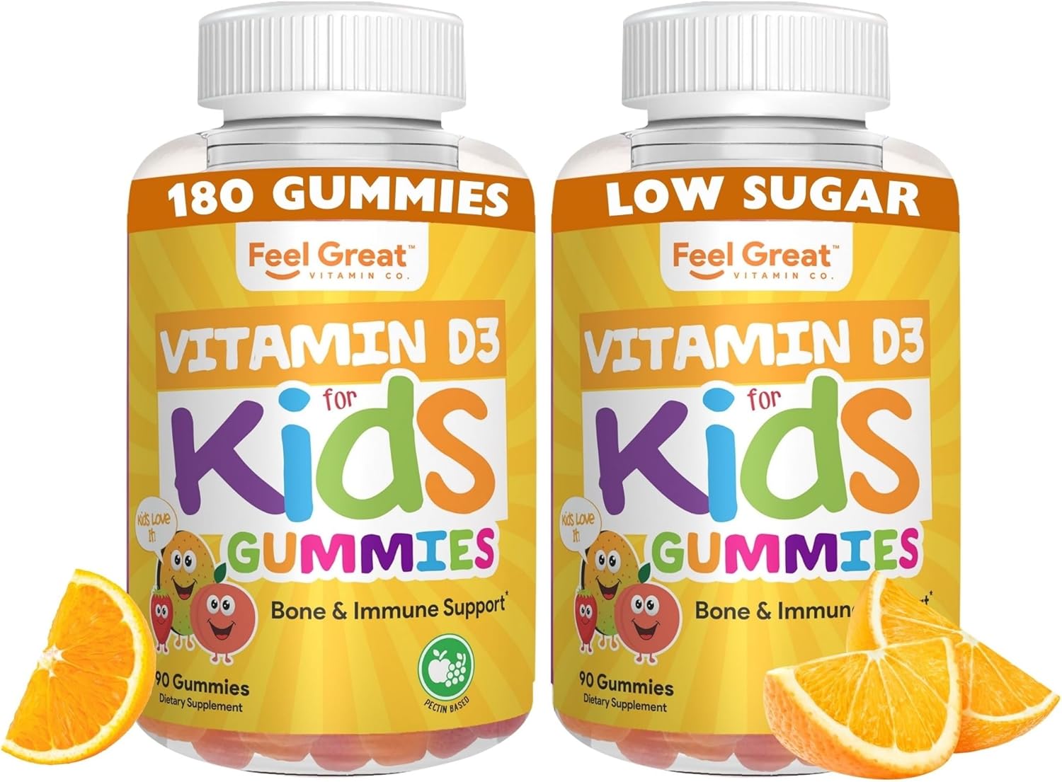 Feel Great Kids Vitamin D3 1000 IU Gummies (2-Pack) | Kids Vitamin D Gummies for Healthy Bones, Mood, & Immune Support | Citrus Flavored Vegetarian D3 Gummies