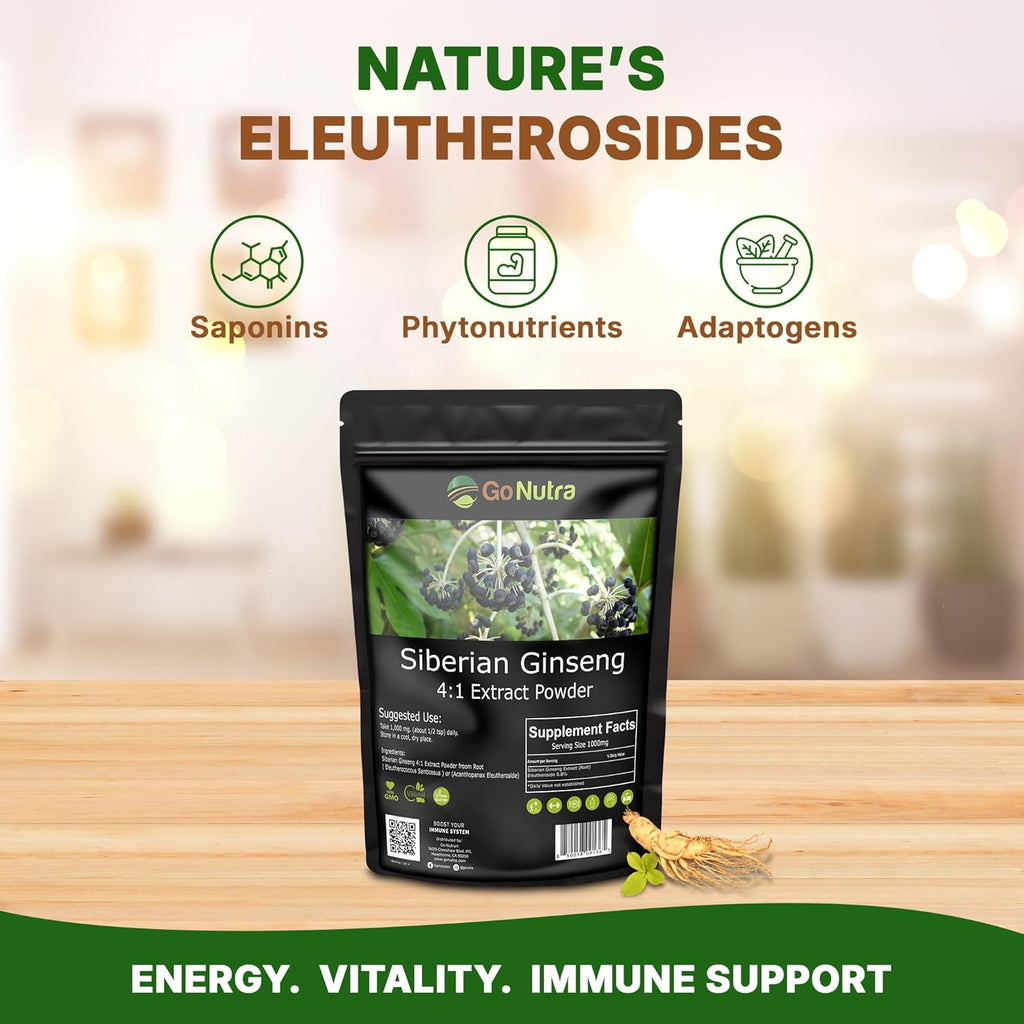 Go Nutra Siberian Ginseng - Eleuthero Root Powder | 4:1 Extract 4X Times Stronger | Supports Energy & Stamina | Natural & Adaptogenic | Eleutherococcus Senticosus | Non-GMO | 4 Ounce