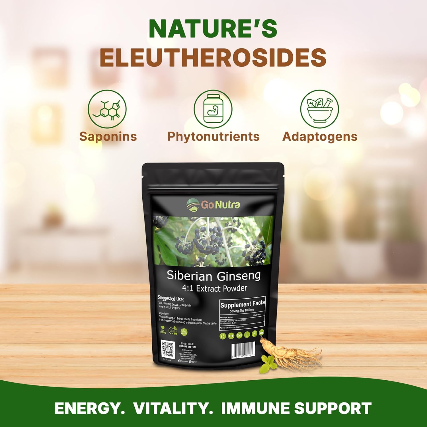 Go Nutra Siberian Ginseng - Eleuthero Root Powder | 4:1 Extract 4X Times Stronger | Supports Energy & Stamina | Natural & Adaptogenic | Eleutherococcus Senticosus | Non-GMO | 4 Ounce
