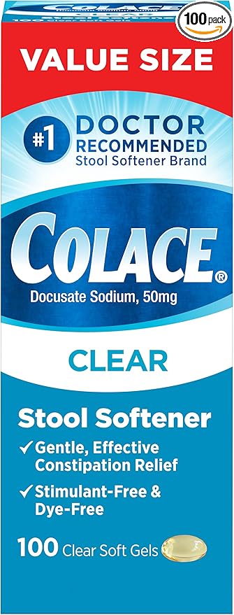 Colace Clear Stool Softener for Gentle Effective Constipation Relief, #1 Doctor Recommended Stool Softener Brand, Dye Free, 50 mg Docusate Capsules, 100 Count