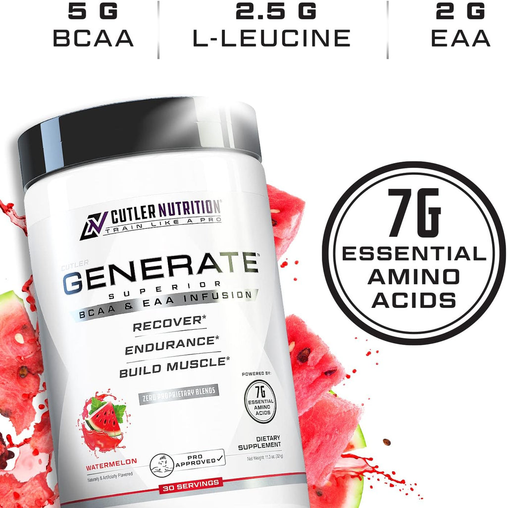 Generate EAA and BCAA Powder: Best Post Workout Recovery Drink and Branched Chain Amino Acids Supplement with Essential Amino Acids, 5g BCAAs, 2g EAAs for Lean Muscle Mass | Watermelon, 30 Servings
