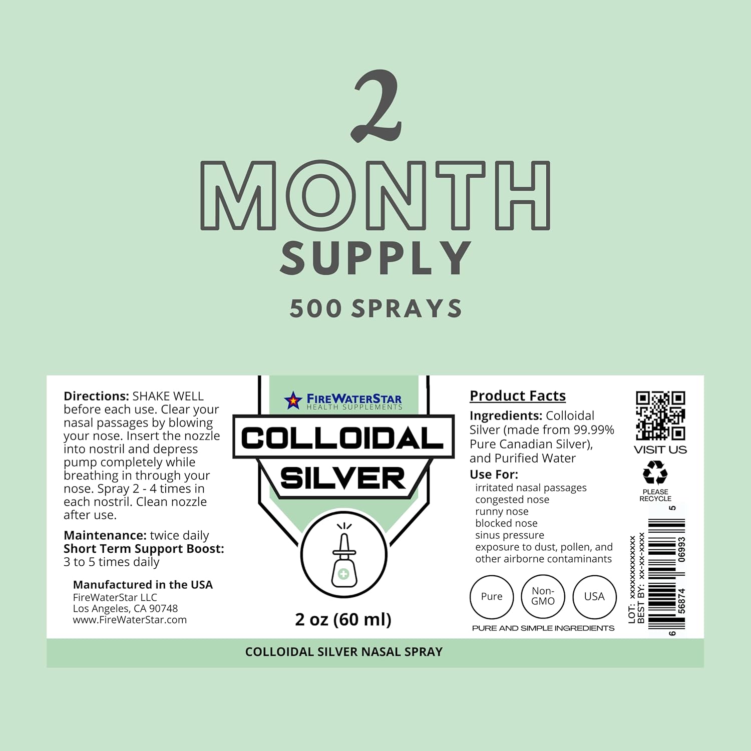 FWS Colloidal Silver Nasal Spray - 2oz - Ultra Fine Silver Mist - 50 ppm - 99.99% Purity - Sinus Relief - Helps with Dry, Irritated, Stuffy Nose - Immune System Support - for Adults and Teens