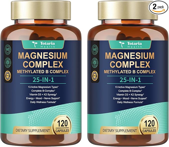 25-in-1 Magnesium Complex with Methylated B Complex, 120 Vegan Capsules per Bottle, 2 Bottles