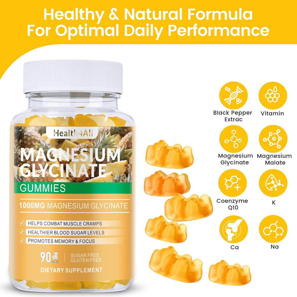 Magnesium Glycinate Gummies 1000mg, High Absorption Sugar Free Magnesium Potassium Supplement for Relaxation, Stress Relief, and Sleep Support for Adults & Kids - 180 Pineapple Gummies