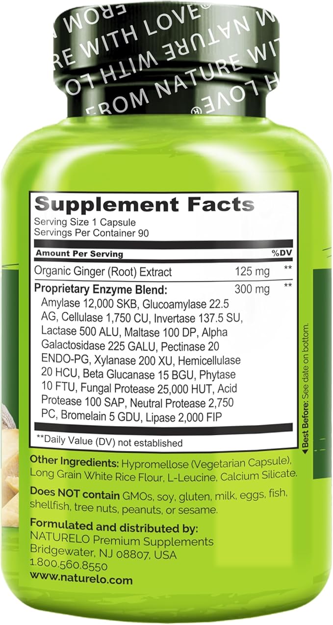 NATURELO Digestive Enzymes - Full Spectrum Support with a Broad Blend of 15 Enzymes Plus Ginger - 90 Vegan Capsules (Pack of 2)