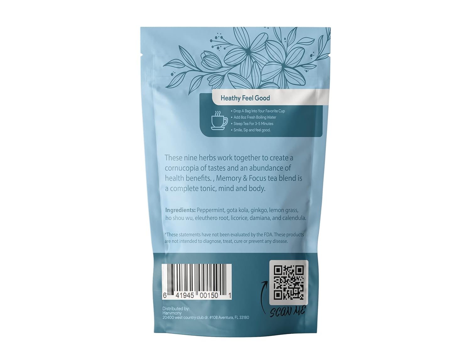 Memory & Focus Tea Blend: Gotu Kola, Eleuthero Root, Ginkgo, Ho Shou Wu, Peppermint, Damiana, Calendula, Lemongrass, Licorice Loose Leaf 3oz for Clarity & Focus Support