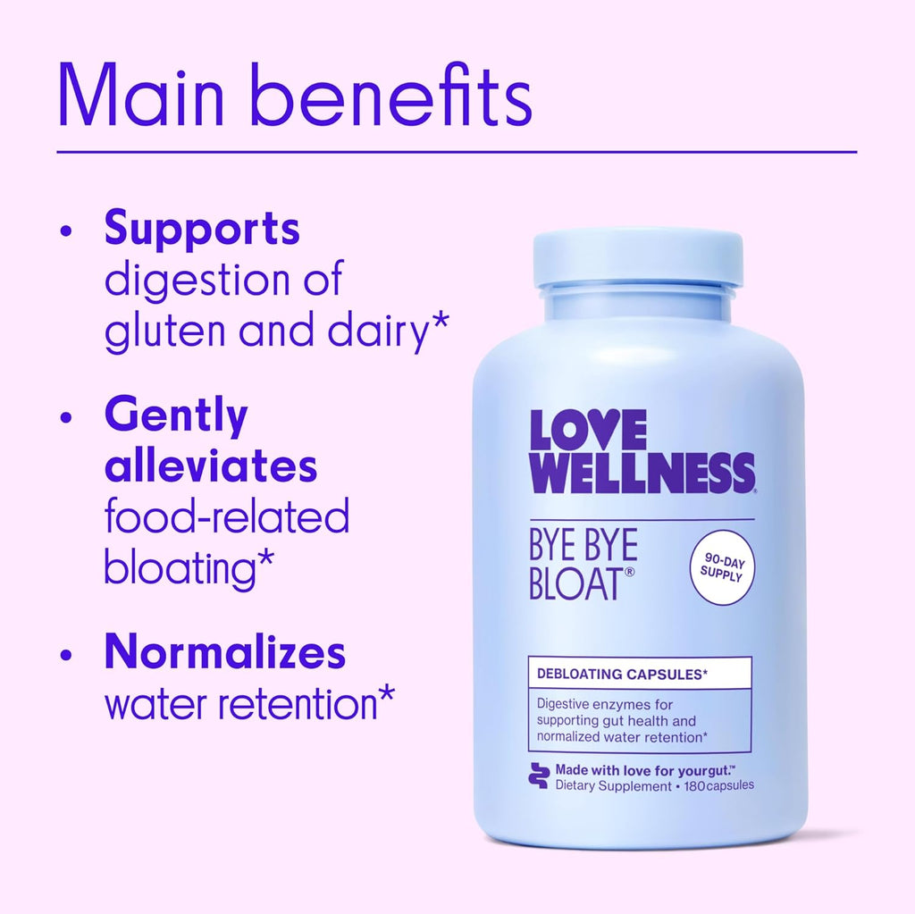 Love Wellness Bye Bye Bloat, Digestive Enzymes | Bloating Relief for Women | Help Reduce Gas Relief & Water Retention | Supports Digestive Health with Fenugreek & Dandelion | 180 Count