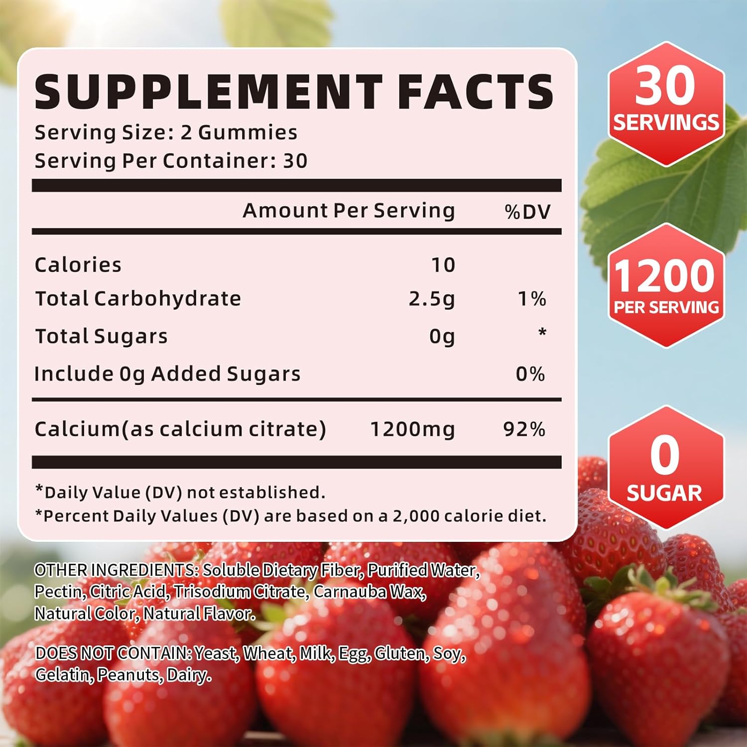 Calcium Citrate Gummies 1200mg, Chewable Calcium Supplement for Women & Men, Sugar Free Calcium for Bone, Muscle & Immune Support, Gluten Free, Vegan, Non-GMO, Strawberry Flavor, 60 Count