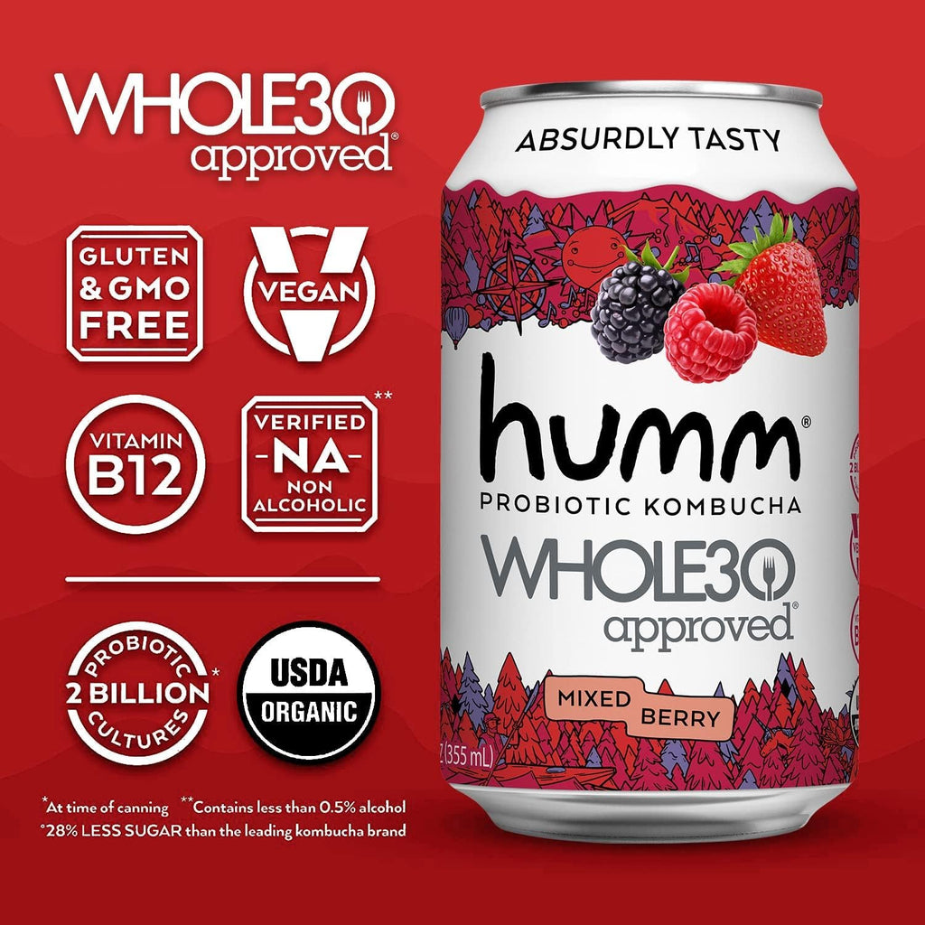 Humm Whole30 Approved Kombucha, Mixed Berry, Organic, Vegan & GMO Free (12 Pack)