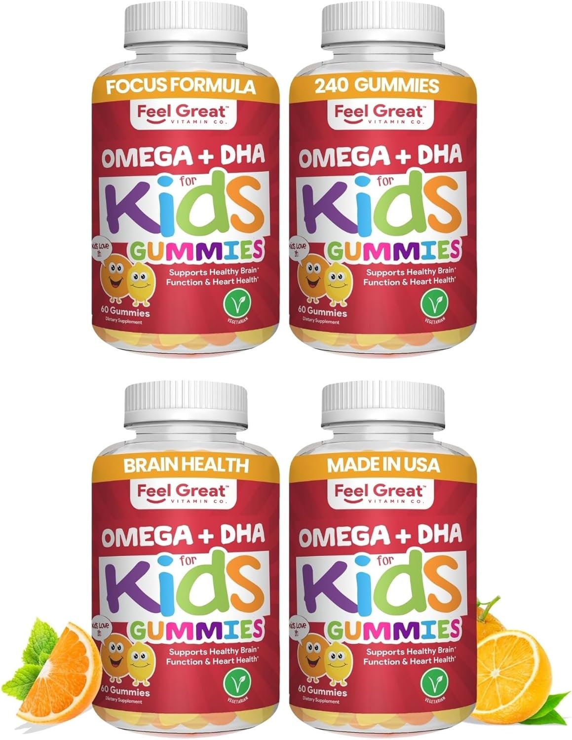 Feel Great Vitamins Kids DHA Gummies with Omega 3 6 9, Vitamin C | Supports Healthy Brain Function, Vision & Heart Health | Gluten Free, Vegetarian | 60 Gummies