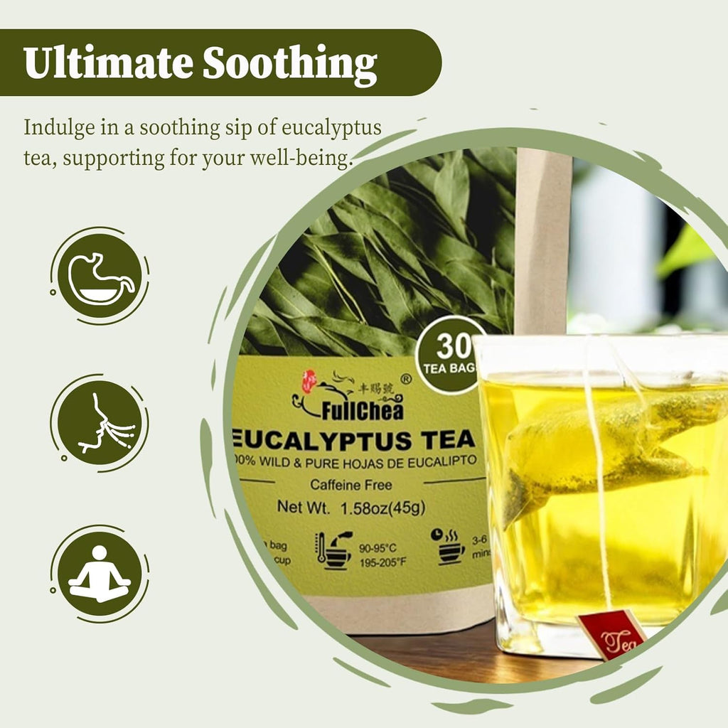 FullChea - Natural Eucalyptus Tea Bag 30 Teabags, 1.5g/bag - Premium Hojas de Eucalipto - Non-GMO - Caffeine-free - Boost Respiratory Health