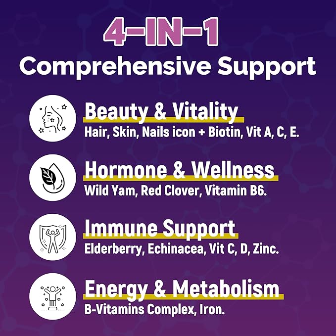 All-in-One Women's Multivitamin Gummies with Complete Vitamin & Mineral Complex, Herbal Blends for Energy, Overall Health, High Potency Hair Skin and Nails Vitamins, Strawberry Flavor, 60 Count