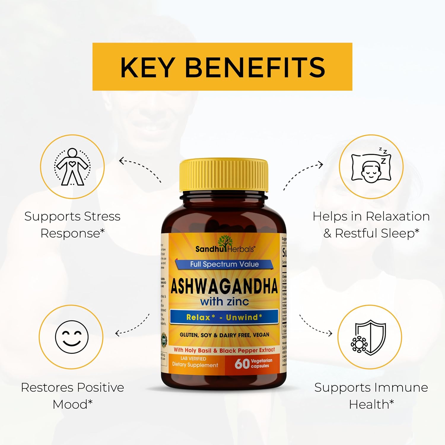 Sandhu Herbals Ashwagandha Supplement | 60 Organic 4 in 1 Capsules, 1 Month Supply | with Zinc, Black Pepper and Holy Basil Extract | Supports Immune Health | Non-GMO