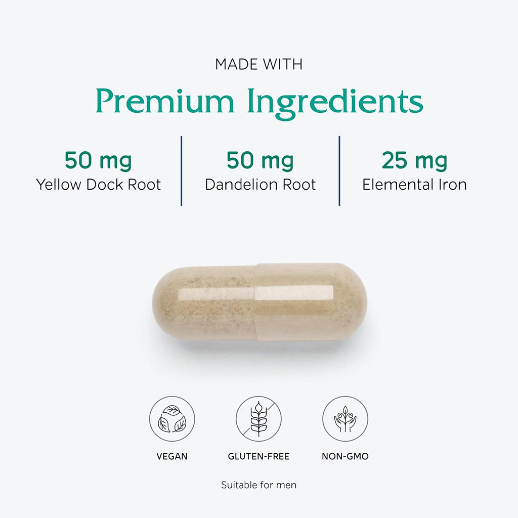 Vitanica Iron Extra, Iron Supplement Enhanced Absorption with Vitamin C 500mg, Methylfolate 400mcg, B12 Vitamin 500mcg, Calcium, Yellow Dock, Dandelion Root & Nettle Leaf Extract, Vegan, 60 Capsules