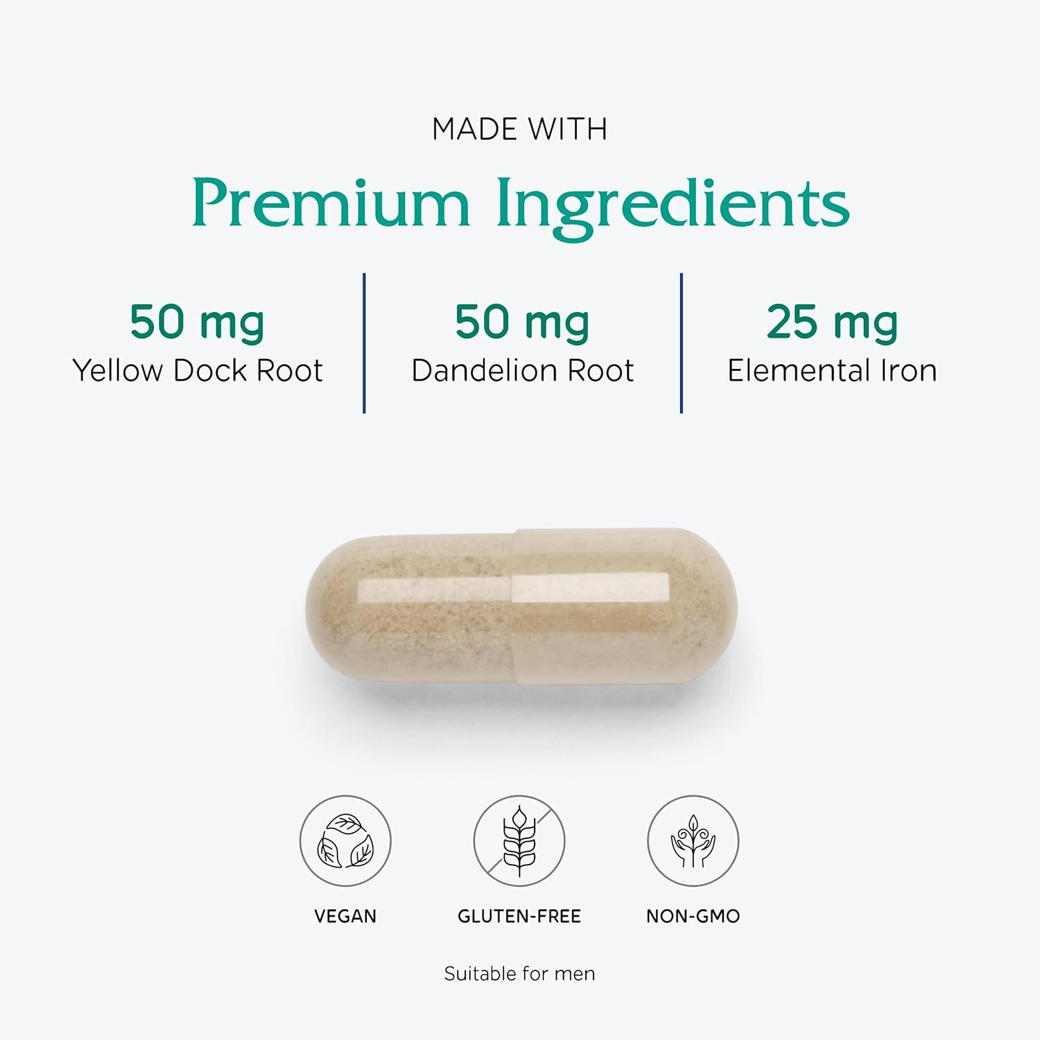 Vitanica Iron Extra, Iron Supplement Enhanced Absorption with Vitamin C 500mg, Methylfolate 400mcg, B12 Vitamin 500mcg, Calcium, Yellow Dock, Dandelion Root & Nettle Leaf Extract, Vegan, 60 Capsules