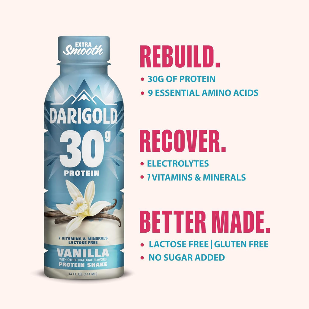 Darigold Ready to Drink Vanilla Protein Shake, 30g Protein, No Added Sugar, Lactose Free, Only 160 Calories. Electrolytes, Gluten Free - 14oz bottles 12 pack