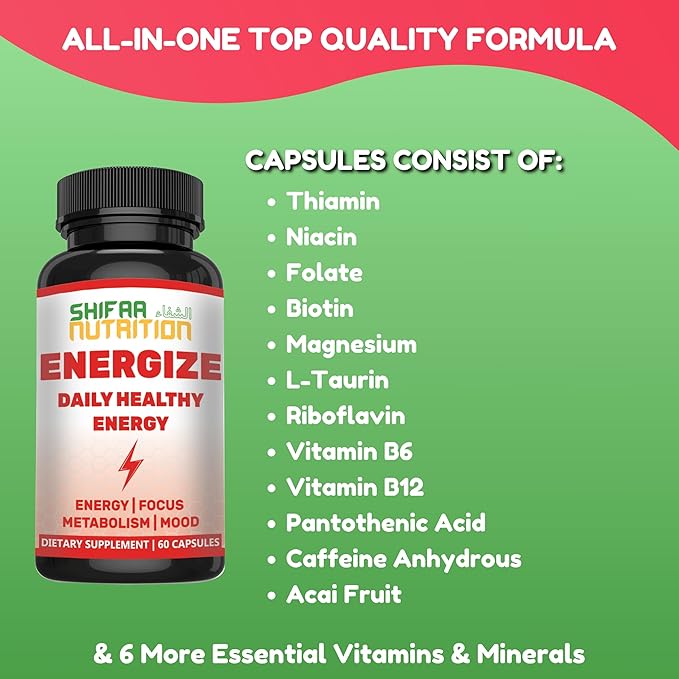 SHIFAA NUTRITION Energize, Natural Daily Energy Vitamins | Jitter-Free, 60 Servings | Supports Focus, Mood, Brain, Metabolism | w/Caffeine & Taurine, B1, B2, B5, B6, B7, B9, B12 Halal Vitamins