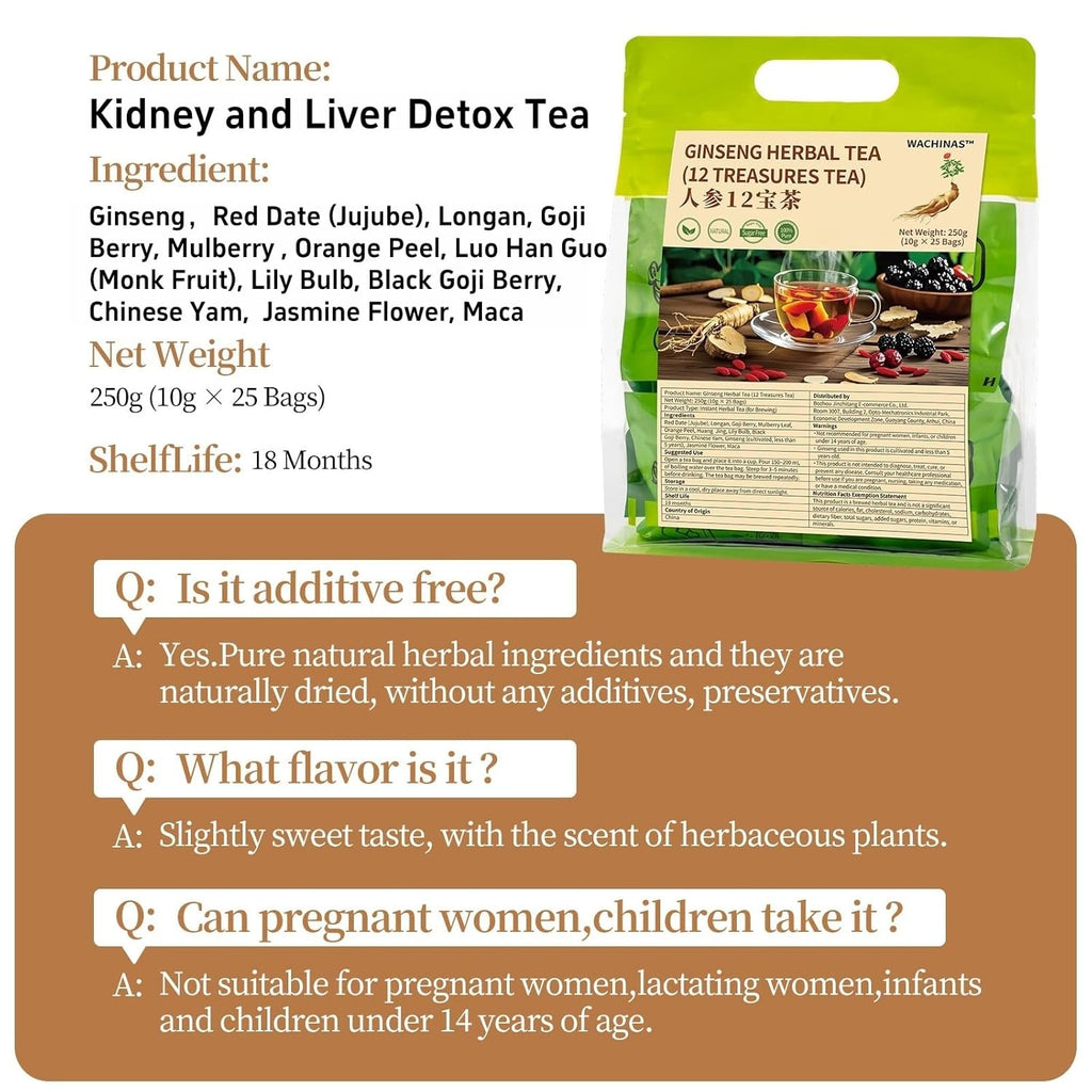 Premium Ginseng Tea - Natural Organic Kidney and Liver Detox Tea - 12 Herbal Blend with Goji Berry，Jujube, Longan, Mulberry & Maca - Caffeine & Sugar Free - 25 Individually Wrapped Pyramid Large Tea Bags (250g)