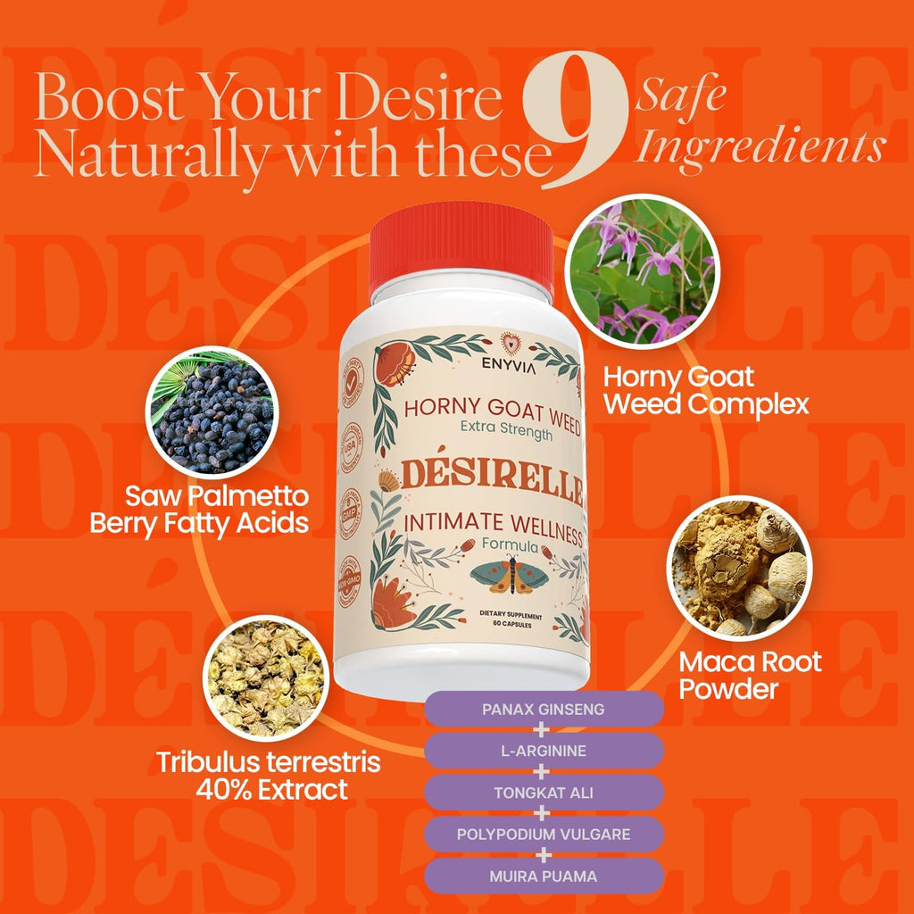 Female Libido Booster for Women Fast Acting with Tribulus Terrestris - Hornygoatweed for Women, Mood Support Supplement Enhancer Pills with Maca Root, Ginseng for Hormonal Balance - 60ct Desirelle