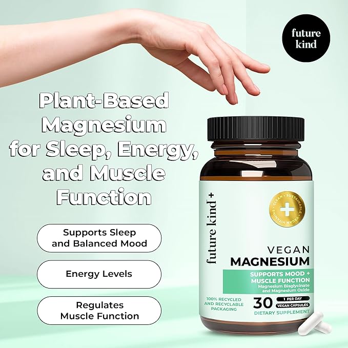 Future Kind Magnesium Glycinate, Supports Muscle and Nerve Function, High Absorption Chelated Magnesium Supplement, Nightly Calm, Energy & Metabolism, Highly Bioavailable & Potent - 30 Vegan Capsules