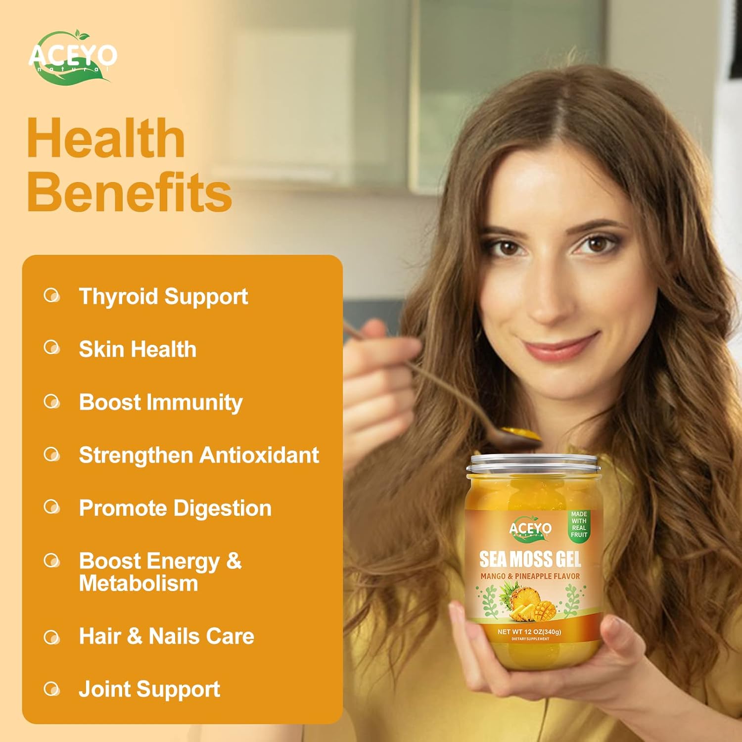 ACEYO (12 OZ) Irish Sea Moss Gel Raw Vegan Mango Pineapple Flavor 102 Vitamins and Minerals Wild Harvested Non-GMO Immune Defense Booster Thyroid Digestive Support