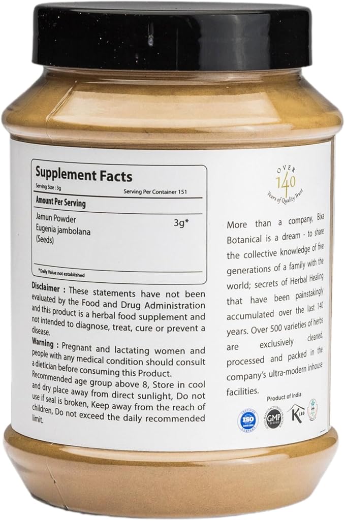 bixa BOTANICAL Jamun Seed Powder | Supports Blood Sugar and Pancreatic Health | Eugenia Jambolana |1 Pound / 16 OZ | Ayurvedic Herbal Supplement| Gluten Free, Non-GMO, Steam Treated, Vegan, 100% Pure