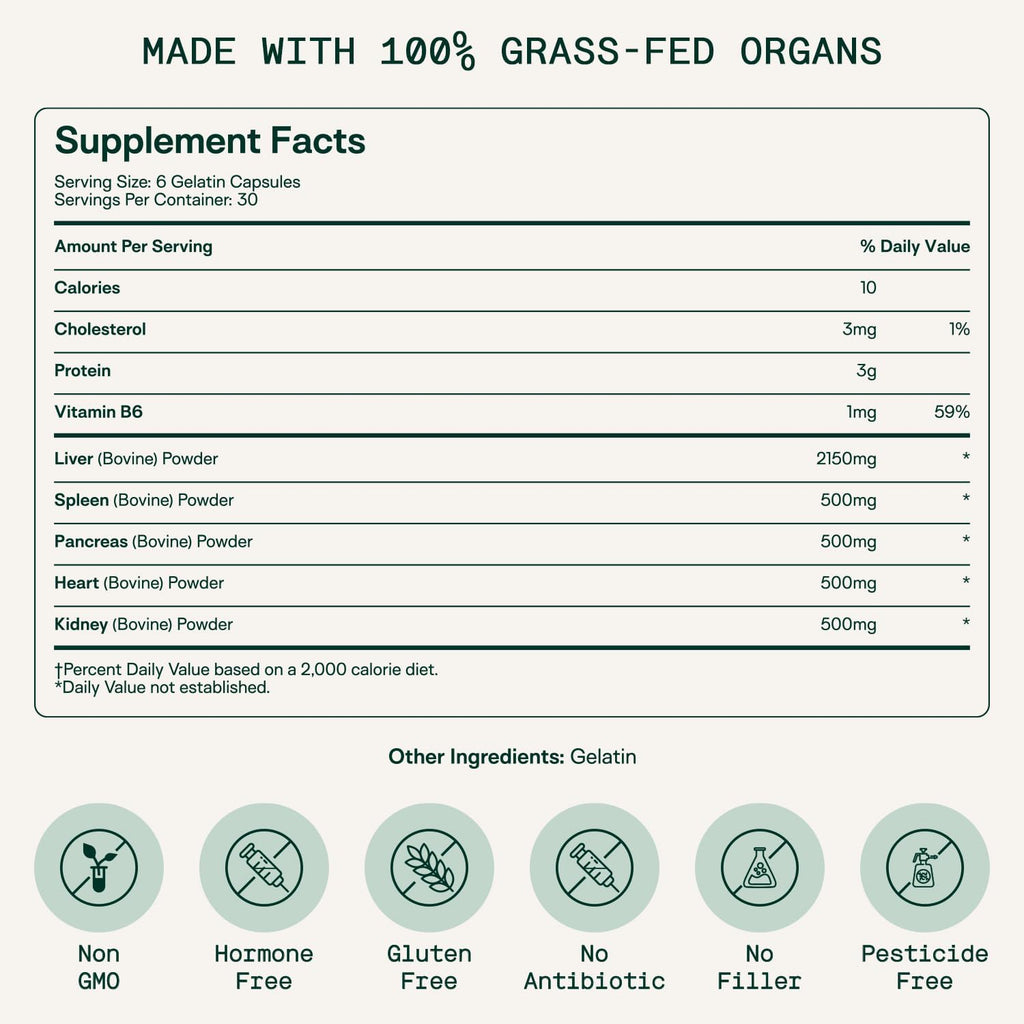 Adapt Naturals Organ Supplement, Bioavailable Grass Fed Beef Liver Capsules, Blend of Liver, Heart, Kidney, Pancreas & Spleen, Support Liver Cleanse Detox & Repair | Source of CoQ10-30 Days Supply