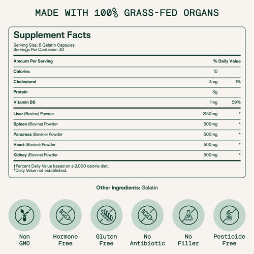 Adapt Naturals Organ Supplement, Bioavailable Grass Fed Beef Liver Capsules, Blend of Liver, Heart, Kidney, Pancreas & Spleen, Support Liver Cleanse Detox & Repair | Source of CoQ10-30 Days Supply