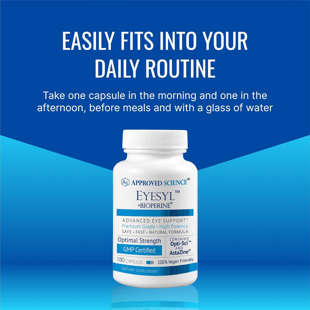 Approved Science EyeSyl - Eye Support Supplement - Chromium Picolinate, Taurine, Lutein, Zeaxanthin, Bilberry, BioPerine - 3 Month Supply - 180 Capsules - Made in USA