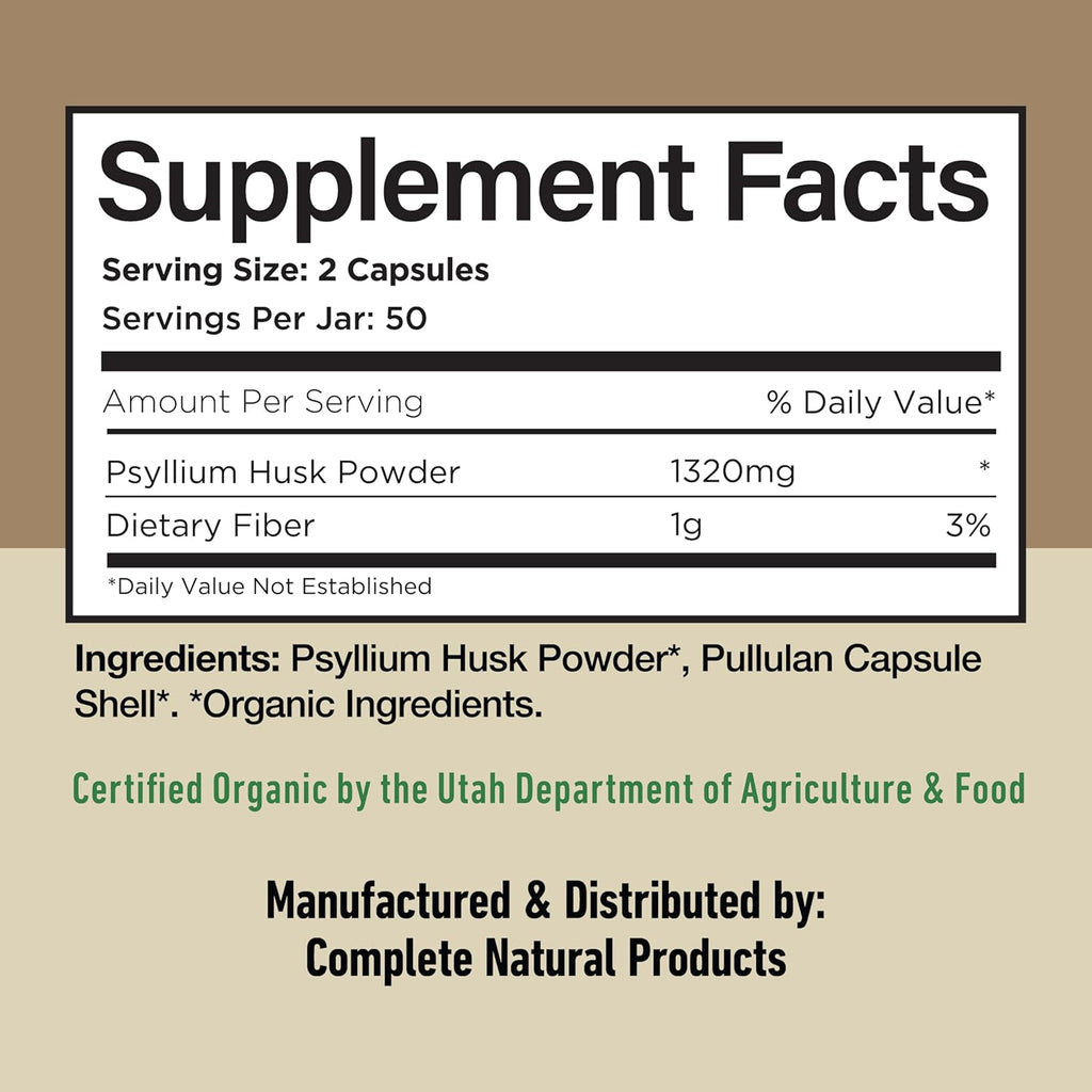 Pure Natural Whole Psyllium Husk Powder Capsules - 660mg Capsules 100 Pure Unflavored Fiber & Colon Cleanse Pills