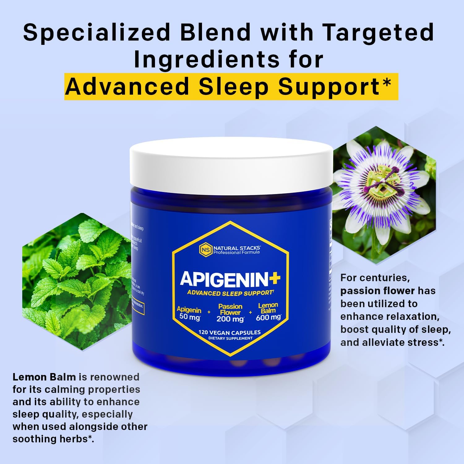 NATURAL STACKS Apigenin Supplement for Sleep - 50mg Apigenin & 600mg Lemon Balm - Melatonin Free Sleep Aid - with Passion Flower Extract for Stress Relief - 120 Lemon Balm Capsules