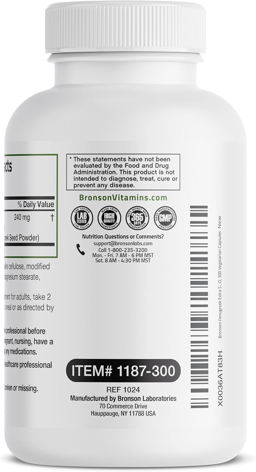 Bronson Fenugreek Seed Powder Capsules Extra Strength, Trigonella Foenum-Graecum, Non-GMO, Soy-Free, Vegetarian, 300 Capsules