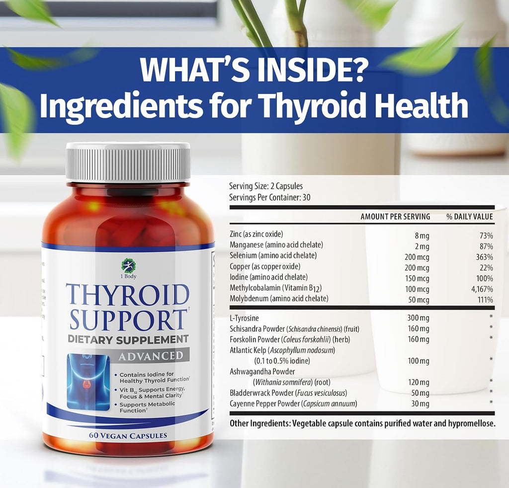 1 Body Thyroid Support Supplement with Iodine, Vitamin B12, Zinc, 60-Day Supply, 2 Pack