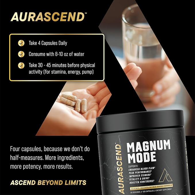 Aurascend Magnum Mode: Nitric Oxide Supplements for Men w/L Arginine, Natural Blood Flow Boost, Stamina Support, Energy Maximizer, Metabolic Pre Workout | 120 Count