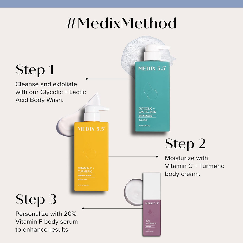Medix 5.5 Anti Aging Skin Care 3PC Set | Vitamin C Body Cream + Exfoliating AHA Glycolic Acid Foaming Face & Body Wash + Vitamin F Booster Serum, Wash + Treat + Hydrate Skincare Set