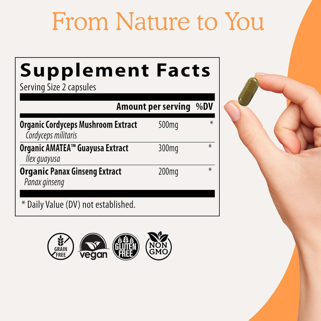 Real Mushrooms RealBoost Capsules – Cordyceps Mushroom, Panax Ginseng & Guayusa Extract – for Overall Wellness & Energy Support – Vegan, Non-GMO, No Fillers – 60 Count Mushroom Supplement Blend
