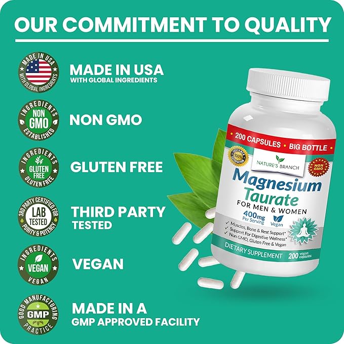 Magnesium Taurate 400mg | High Absorption | 200 Capsules for Sleep, Heart Health, Calm, Joint Supplement for Women and Men - Made in USA, Pure Elemental Mag Powder Plus Taurine - Extra Strength Pills