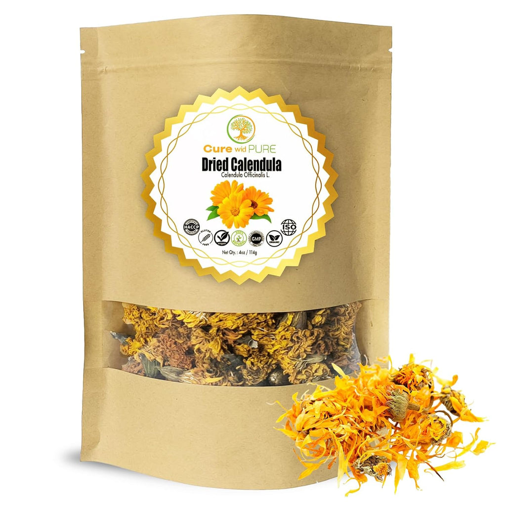 Cure Wid Pure Certified Organic Dried Calendula Flowers | 4 oz Resealable Pack Whole Organic Calendula Flowers for Skincare,DIY Remedies & Herbal Tea | Vibrant Color & Aromatic Dried Marigold Flower