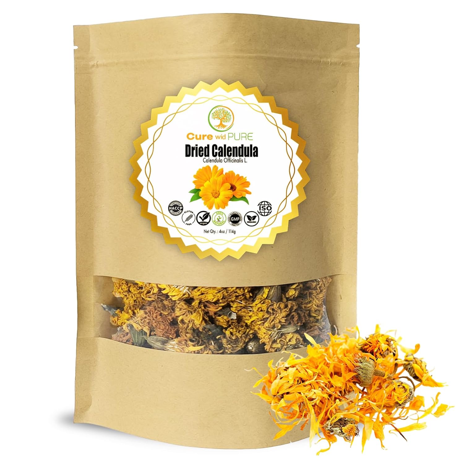 Cure Wid Pure Certified Organic Dried Calendula Flowers | 4 oz Resealable Pack Whole Organic Calendula Flowers for Skincare,DIY Remedies & Herbal Tea | Vibrant Color & Aromatic Dried Marigold Flower
