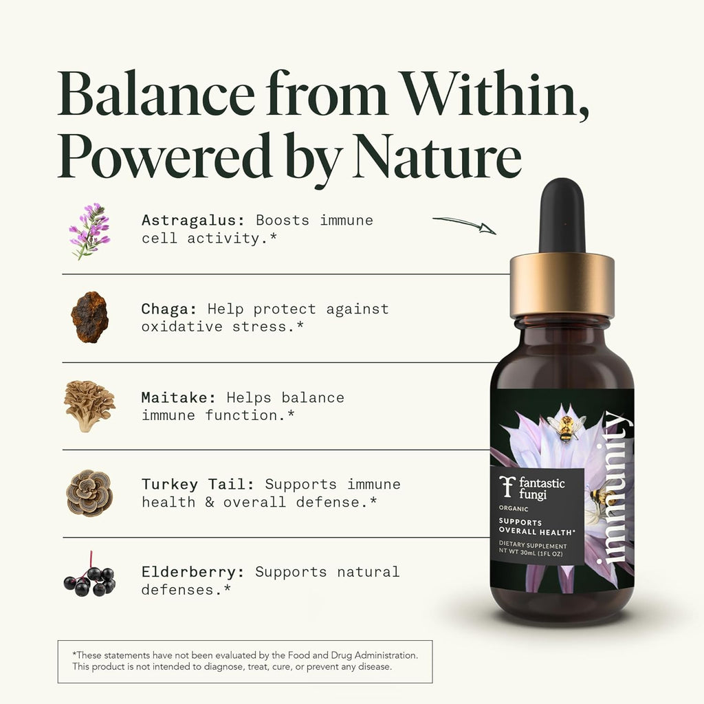 Fantastic Fungi Mushroom Extract Drops - Immunity Elixir with Turkey Tail Mushroom Extract, Maitake, Elderberries, Chaga & Astragalus - 5-in-1 Organic Immune Support Supplement, 30 Servings, 1 fl oz