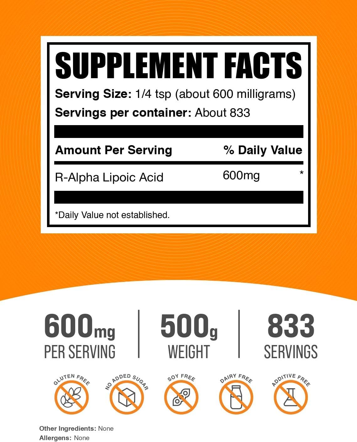 BulkSupplements.com R-Alpha Lipoic Acid Powder - R-ALA Supplement, R Alpha Lipoic Acid 200mg - Antioxidants Supplement, Gluten Free, 200mg per Serving, 500g (1.1 lbs) (Pack of 1)