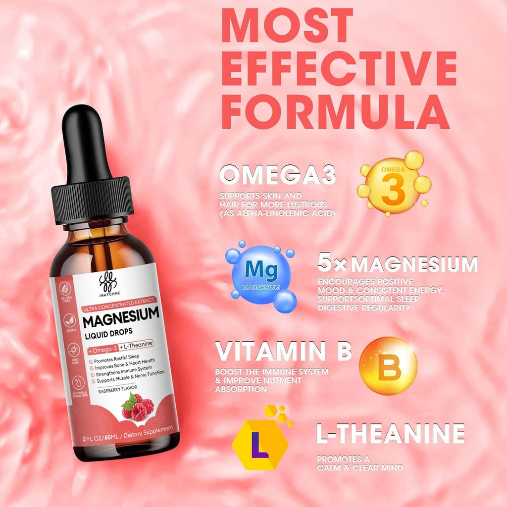 Calm Magnesium Liquid Drop with Magnesium Glycinate, Citrate, Oxide & Taurate for Bone, Heart, Muscle, Immune, Energy, Sleep & Digestion, High Absorption, Sugar-Free, Raspberry Flavor,2 Fl Oz