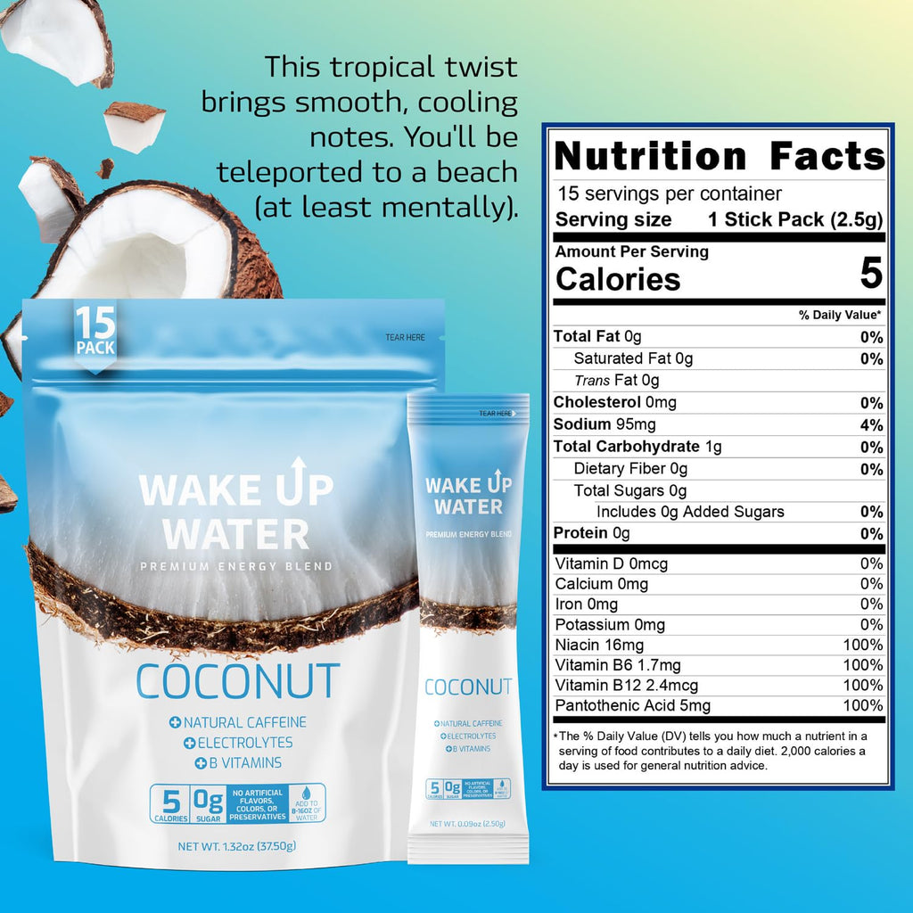 Wake Up Water - Energy + Hydration Sugar Free 15 Pack, Coconut Flavor - Energy Drink Powder, Electrolytes Powder Drink, Natural Caffeine Mix Packet, B Vitamins, 5 Calories, Gluten Free - .10 oz (2.9g)