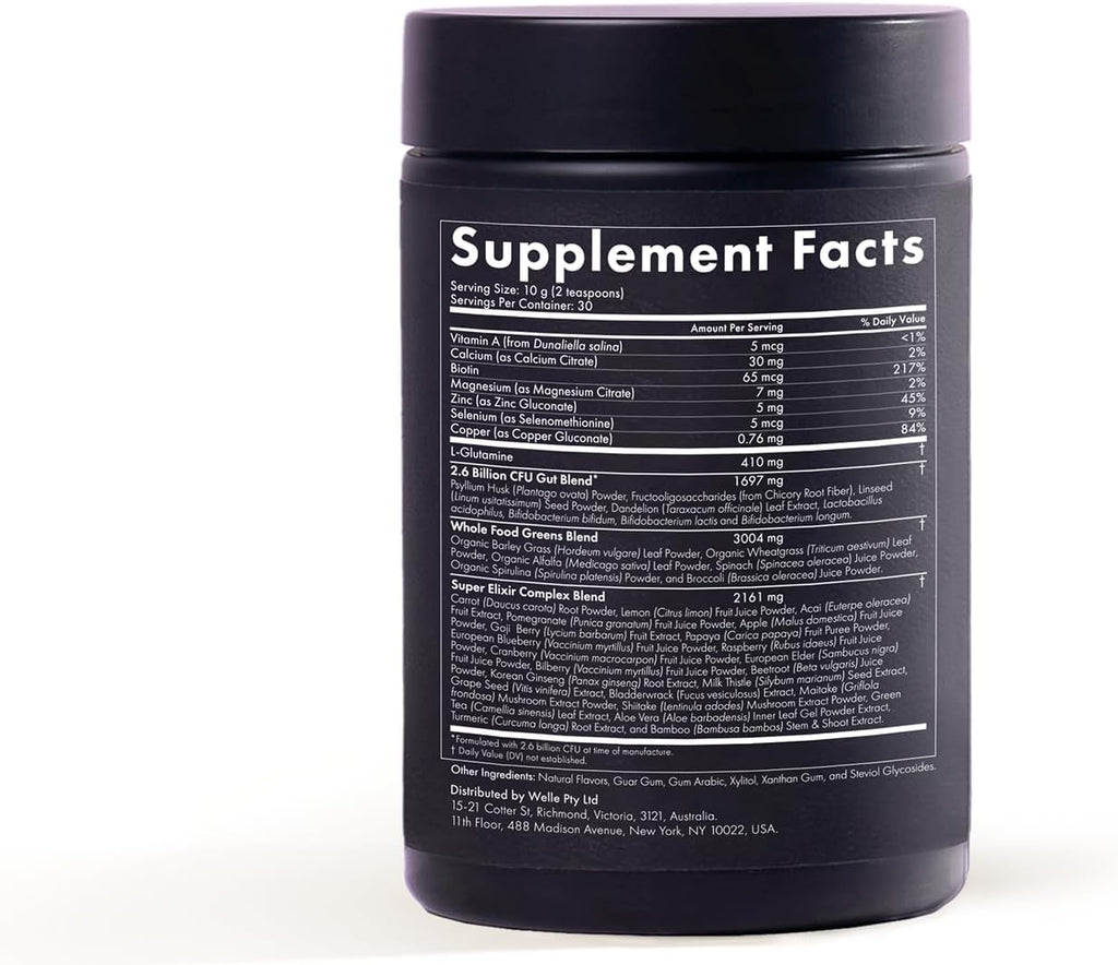 WelleCo The Super Elixir Daily Greens Powder, Probiotic Drink Mix with Whole Foods, Gluten Free, Vegan Gut Health Powder, Energy, Immunity, Healthy Skin, Hair & Nails (300g, Mixed Berry)