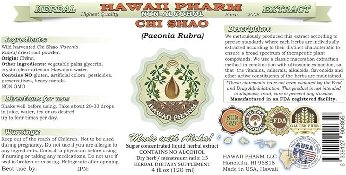 Chi Shao Alcohol-Free Liquid Extract, Chi Shao, Red Peony (Paeonia Rubra) Root Glycerite Hawaii Pharm Natural Herbal Supplement 32 oz Unfiltered