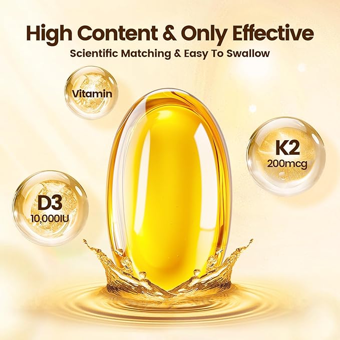 Vitamin D3 K2 10000 IU with MK7-300 Virgin Coconut Oil Softgels, 2 in 1 Vitamins D & K Complex | Vitamina D3 con K2 | Supports Calcium Absorption, Bone, Immune, & Heart Health – Easy to Swallow