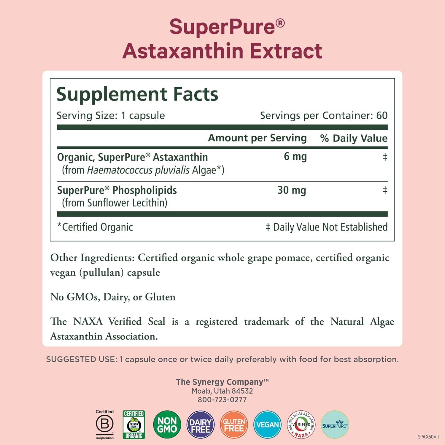 PURE SYNERGY SuperPure Astaxanthin Extract | Organic Astaxanthin from Algae with Sunflower Lecithin | Antioxidant Support for Skin and Eye Health (60 Capsules)