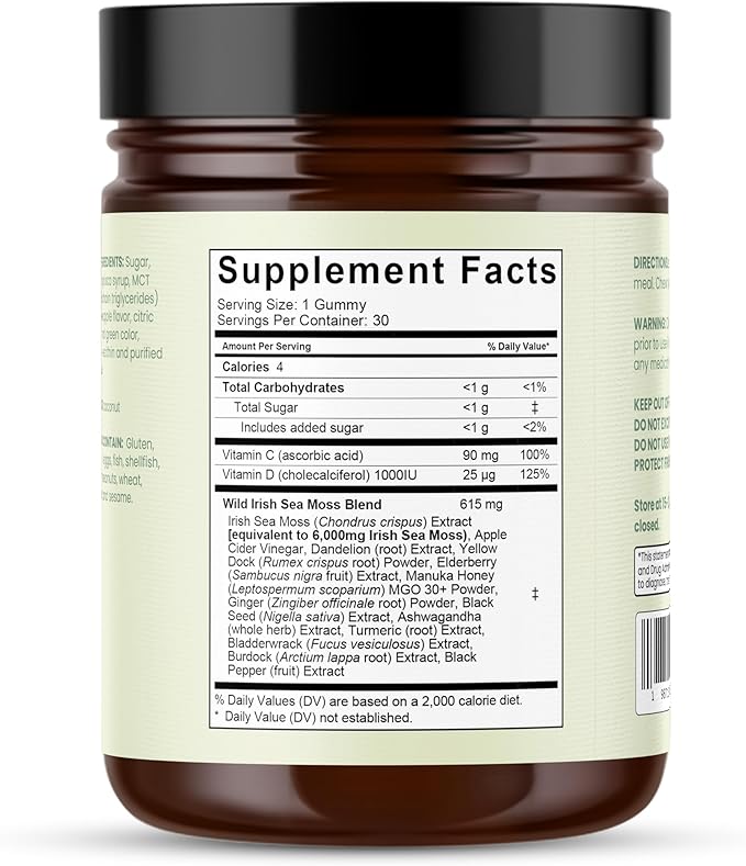 Natural Rems Sea Moss Gummies 16-in-1 - Ashwagandha Black Seed Oil Bladder Wrack Turmeric Vitamin C & D3 with Manuka Burdock Root Dandelion Yellow Dock Elderberry Apple Cider Vinegar (Green Apple)