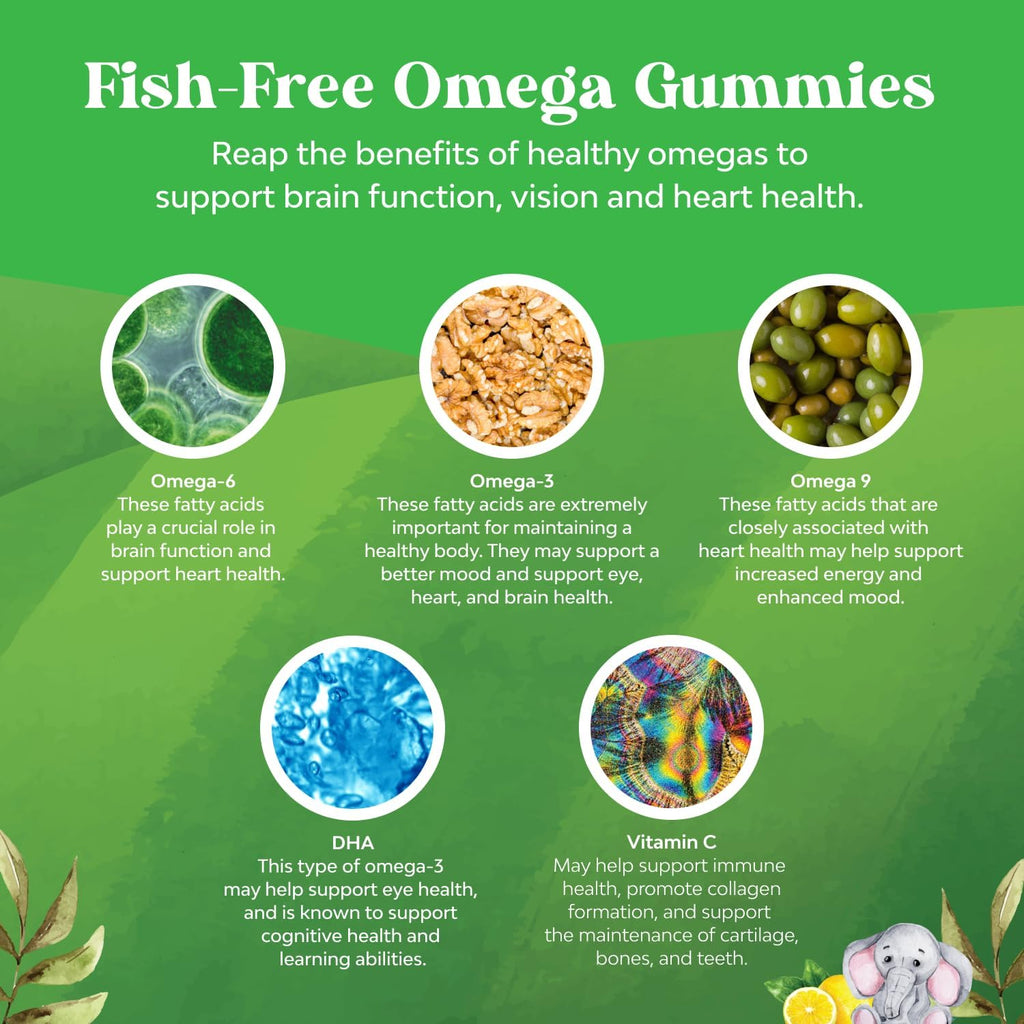 Kids DHA Omega 3 Gummies - Fatty Acids Omega 3 6 9 for Brain, Immune Strength & Vision - Nutritional DHA for Kids for Healthy Nervous System & Focus Support - Fish Free, Vegan & Non-GMO - 60 Chews
